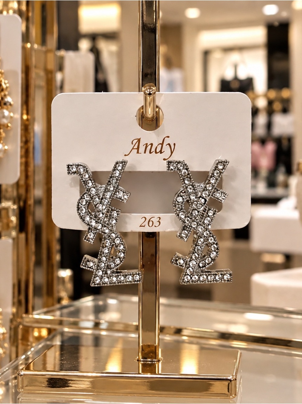 Crystal-Embellished Silver YSL Fashion Logo Drop Earrings - Silver